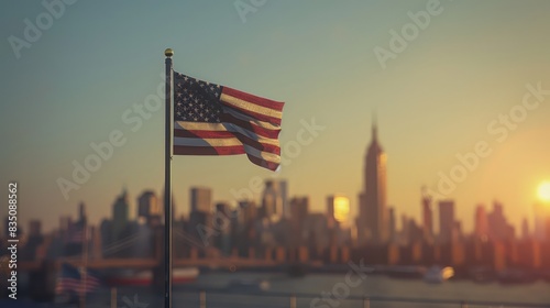 United States flag Flying in the wind (close up, focus on, selective focus) theme: freedom, realistic, Fusion, New York City skyline backdrop photo