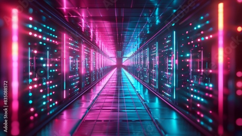 Futuristic neon-lit hallway with vibrant blue and pink lights creating an abstract, symmetrical digital environment representing technology.