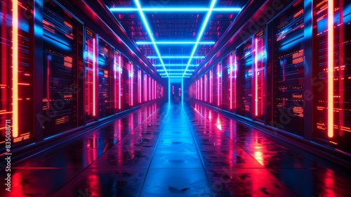 Futuristic server room with glowing neon lights in blue and red, representing advanced technology and digital data storage. © Purichaya