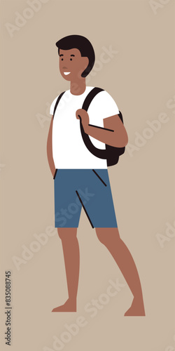 A young guy is walking barefoot. Tourist with a backpack. Summer holiday in nature. Vector flat illustration. Smiling character. The man looks into the distance.