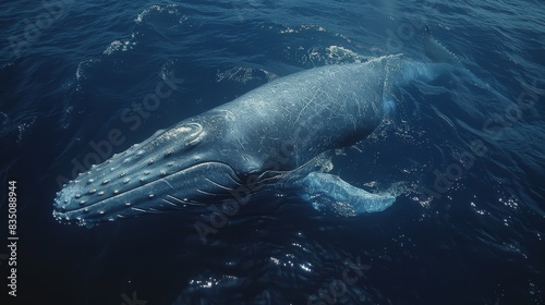 Majestic blue whale swimming underwater, with light rays penetrating the deep blue sea © familymedia