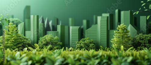Green eco-friendly cityscape with skyscrapers and lush greenery, representing sustainable urban development and environmental harmony.