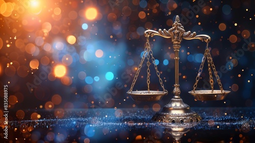 Golden scales of justice on a reflective surface with glowing bokeh lights in the background, symbolizing law, balance, and fairness. photo
