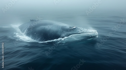 A humpback whale surfaces in foggy seawater  with moisture adding to the atmospheric quality of the scene