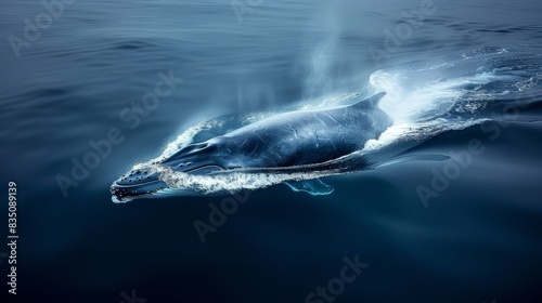 A majestic dolphin glides through the water s surface  leaving a trail of bubbles and ripples