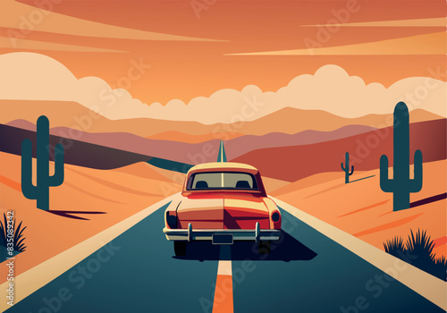 A red car is driving down a road in the desert
