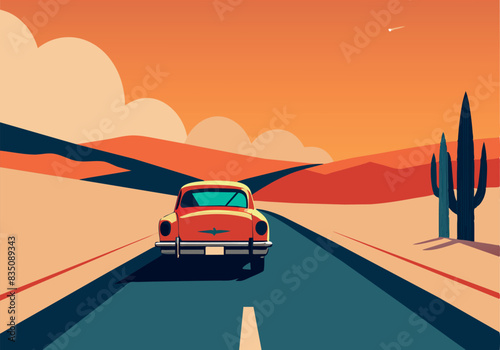 A vintage car is driving down a road in a desert