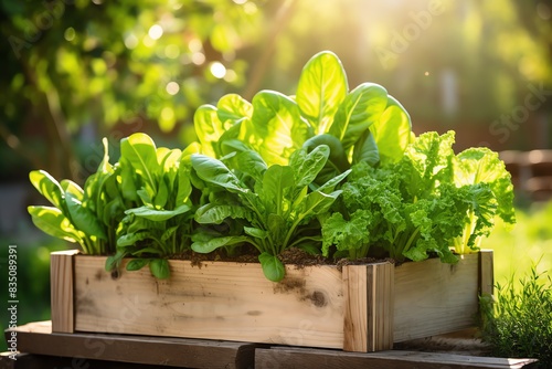 a wooden box with green plants in it