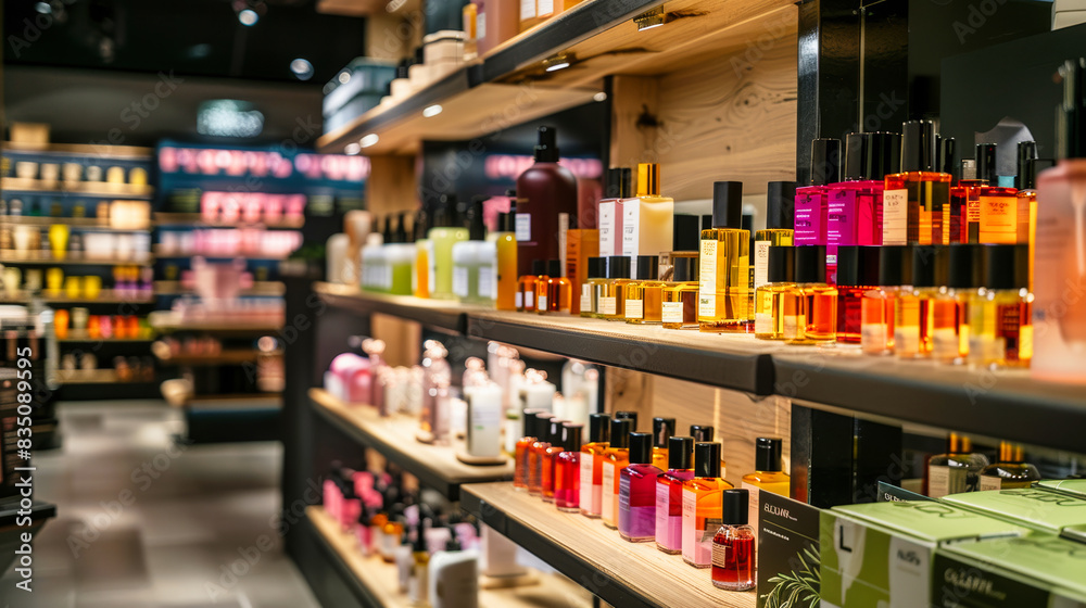 A perfume store with shelves filled with various scents and body care products