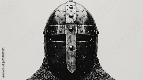Kievan Rus warrior helmet illustration, modern graphic design, isolated, copy and text space, close-up, macro, white background, black and white. Template, banner, background, wallpaper, backdrop photo
