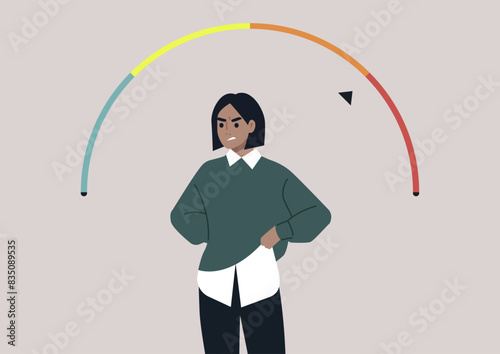 The Boiling Point, A character stands with their hands on their hips, their face contorted in anger, as a rainbow-colored anger meter above their head turns red