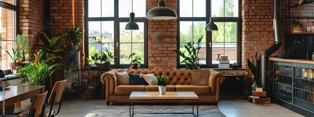Fototapeta premium Stylish Loft Apartment with Exposed Brick Industrial Lighting and Rustic Modern Elements