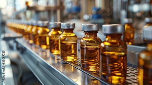 Row of amber glass bottles on an automated production line in a pharmaceutical factory, showcasing industrial efficiency and precision.