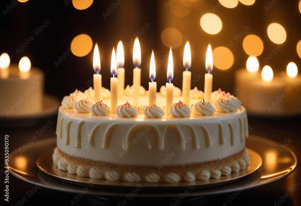 Cream Birthday cake with candles, bright lights bokeh