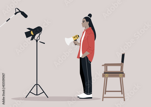 A movie director stands on a set, holding a megaphone, giving instructions, A spotlight and microphone are visible in the background