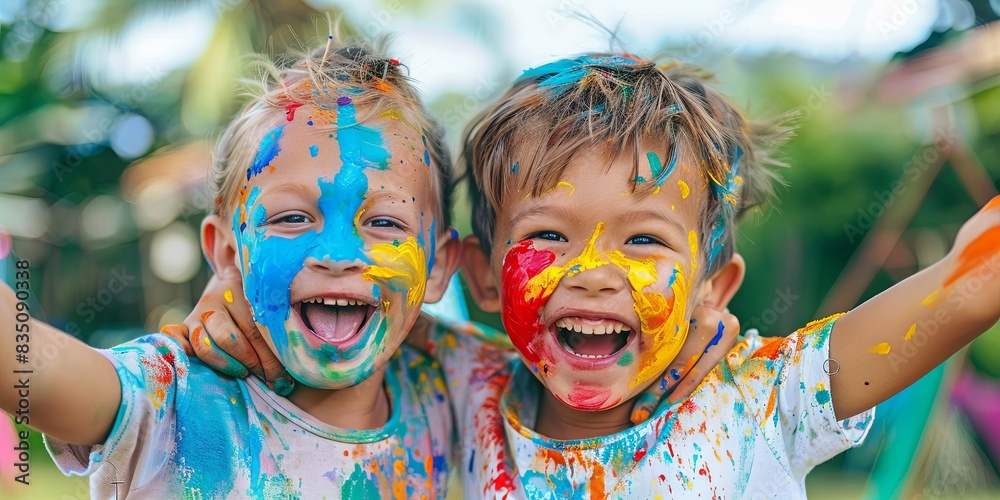 Joyous Children Celebrating with Colorful Faces Joyous Children Celebrating with Colorful Faces
