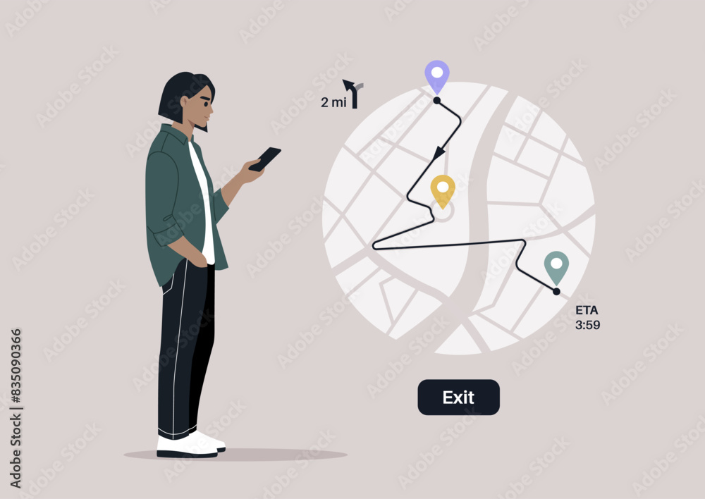 A character intently focused on their smartphone, using the GPS map with pins set along a specific route, likely navigating their way with technology A character intently focused on their smartphone, using the GPS map with pins set along a specific route, likely navigating their way with technology