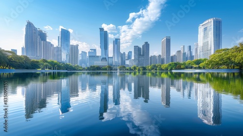 Stunning city skyline reflected on a calm lake  surrounded by lush greenery and blue sky with clouds. Perfect urban landscape scenery.