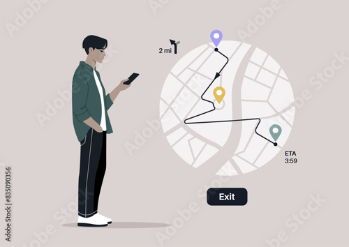 A character intently focused on their smartphone, using the GPS map with pins set along a specific route, likely navigating their way with technology