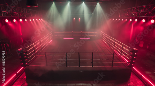 Empty boxing ring with colorful lights  high angle view