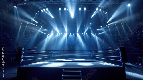 Empty boxing ring with blue spotlights photo