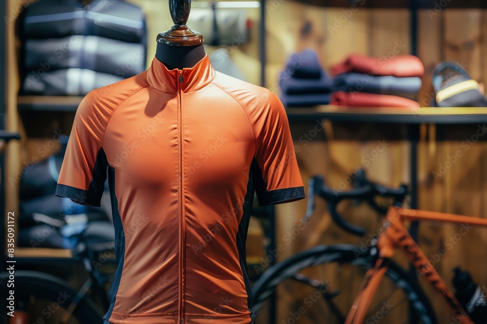 An empty clothing mockup of a cycling jersey, displayed on a mannequin with a bike in the background An empty clothing mockup of a cycling jersey, displayed on a mannequin with a bike in the background