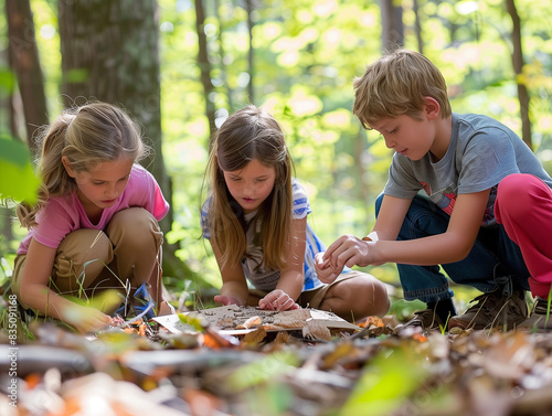 Junge Menschen lernen in der Natur. Sie lernen alles über den Wald. photo