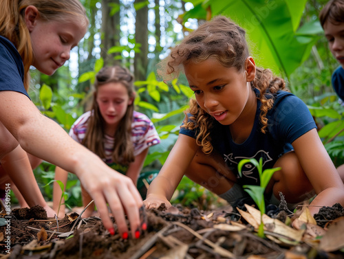 Junge Menschen lernen in der Natur. Sie lernen alles über den Wald. photo