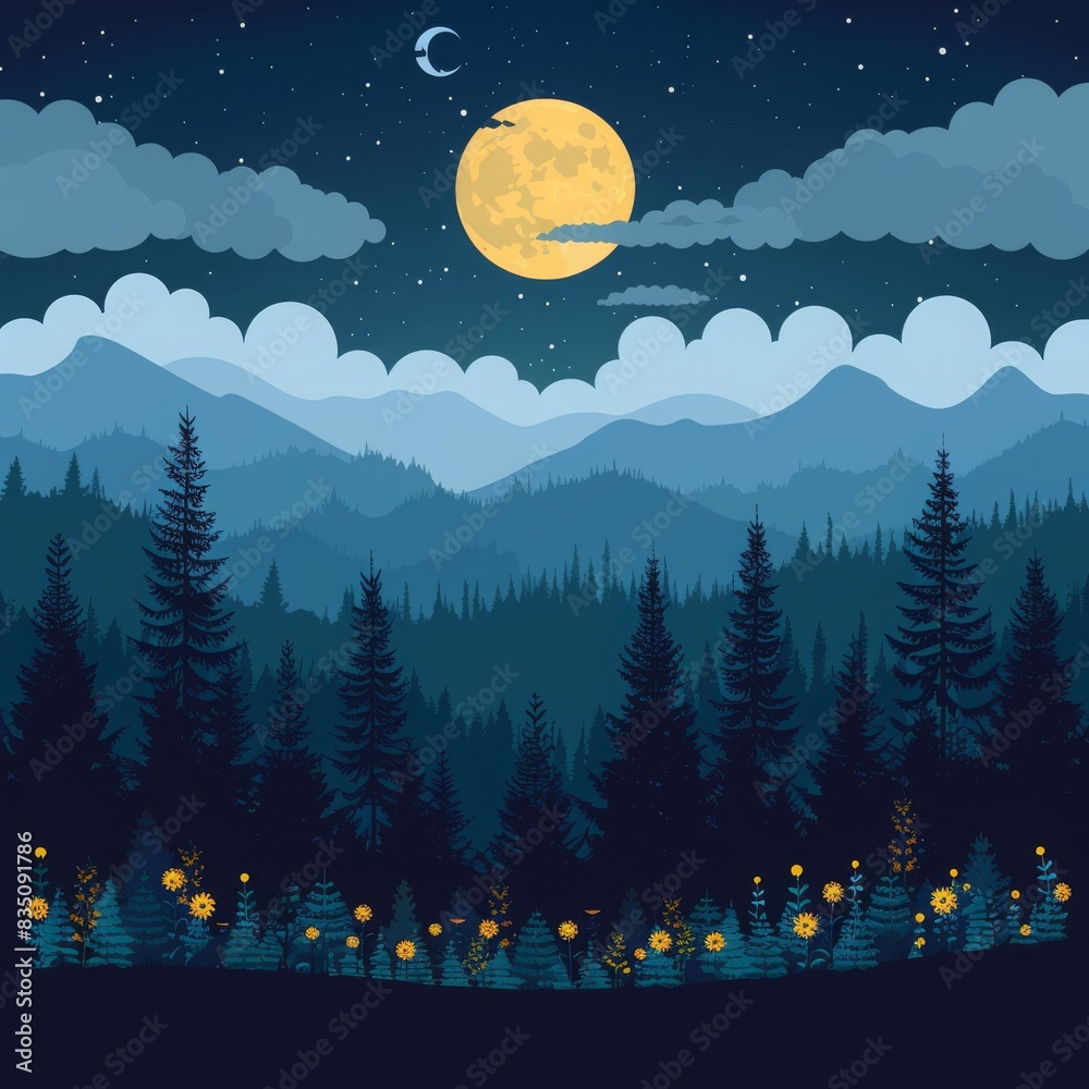 Fototapeta premium beautiful jungle landscape nature digital art with moon shining in night scene illustration, night view with colorful cool bluish effect and clouds with dark sky through foggy, greeny mountain range c