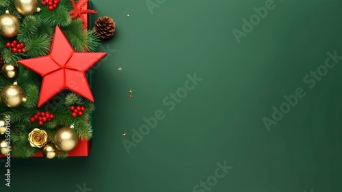 Christmas Day concept. Top view photo of big present box green red baubles gold star ornament pine cone mistletoe berries snow and fir branches on isolated green background, generative ai