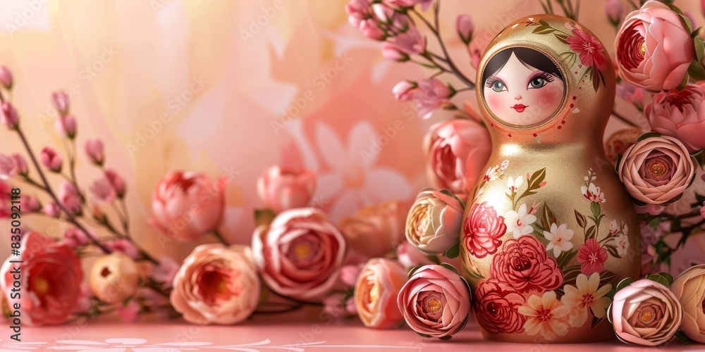 Fototapeta premium Modern Abstract Vinyl Wooden Russian Matryoshka Doll Design Decor