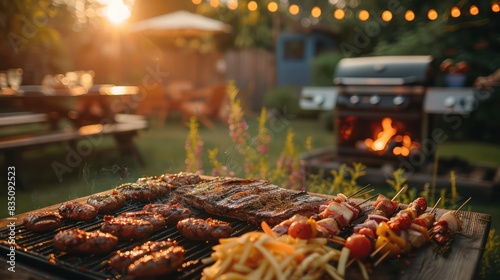 A group of friends enjoying a barbecue with classic American dishes on the Fourth of July  selective focus  summer gathering  realistic  overlay  backyard backdrop 