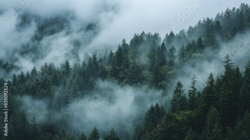Hills covered with forest  dense fog  overcast  gloomy depressive weather