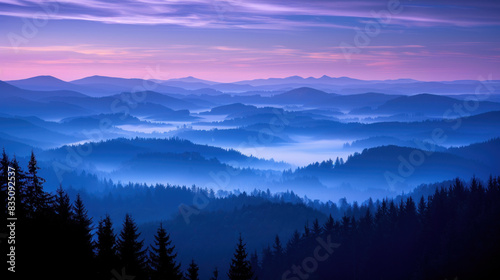 Blue sunset over hilly forest. Fog, overcast, gloomy weather