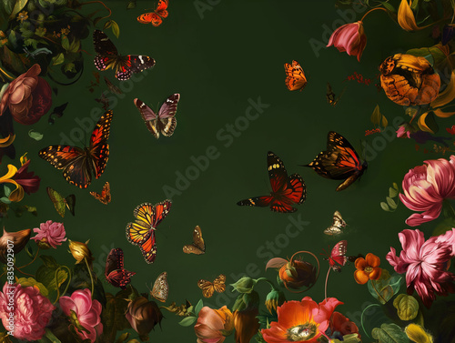 Surreal art fantasy scene secret mysterious garden of flowers and plants, peonies, tulips, roses, orchids, fruits. Baroque, renaissance style, rich colors, dramatic lighting, oil painting illustration