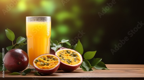 a glass of orange juice next to a half of a passion fruit