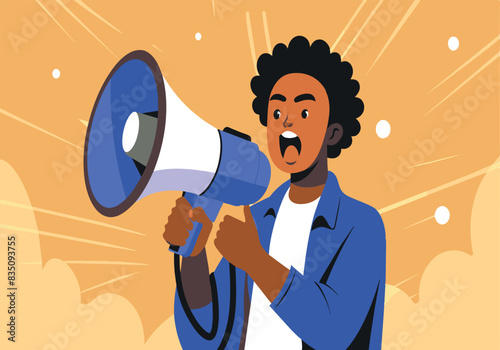 A man is holding a microphone and yelling into it