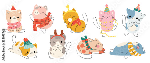 Merry christmas and winter concept background vector. Collection drawing of cute cats with decorative scarf, ribbon, hat. Design suitable for banner, print card, sticker, banner, cover.