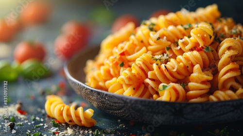 Hearty serving of rotini pasta mixed with cherry tomatoes and herbs; a classic Italian dish on dark background