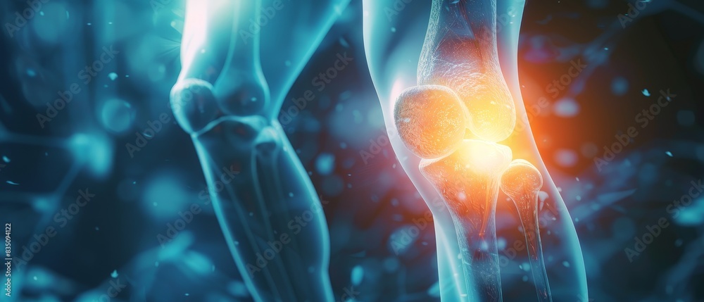 Laboratory and Medical Health Concept: Visual representation of ACL tear with knee instability and swelling highlighted Laboratory and Medical Health Concept: Visual representation of ACL tear with knee instability and swelling highlighted
