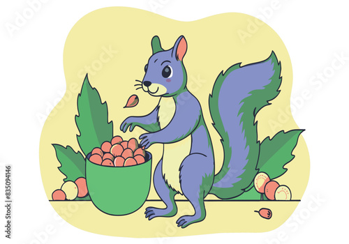 A cartoon squirrel is eating nuts from a bowl