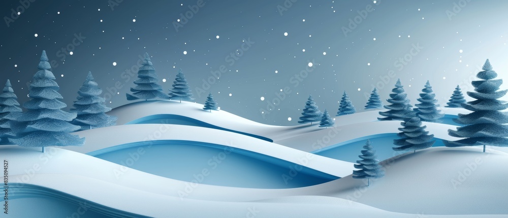 A serene winter landscape with snow-covered hills and pine trees under a starry sky. Perfect for seasonal and holiday themes. A serene winter landscape with snow-covered hills and pine trees under a starry sky. Perfect for seasonal and holiday themes.