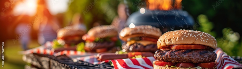 Traditional American barbecue with burgers and hot dogs, families gathering for a Fourth of July celebration