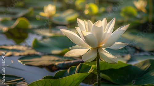 A single white lotus flower blooms in a pond  illuminated by the warm glow of the setting sun. The flower stands tall and graceful  surrounded by lush green lily pads