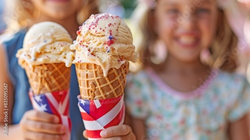 Kids enjoying ice cream cones with American flag napkins, summer treat, outdoor gathering, Fourth of July delight, Independence Day celebration, copy space