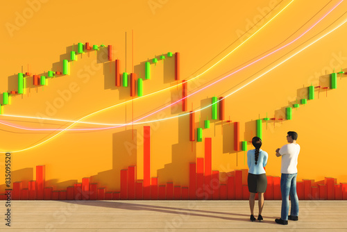Fototapeta Naklejka Na Ścianę i Meble -  Business people look at a chart. The trader analyzes the price movement on a huge trading chart. A businessman-investor watches the movement of the price of an asset.