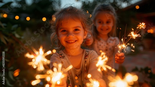 Kids playing with sparklers in the backyard, evening time, festive atmosphere, Fourth of July fun, Independence Day celebration, copy space