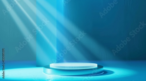 An empty circular stage is illuminated by bright blue lights  with rays of light streaming into a modern  blue room.