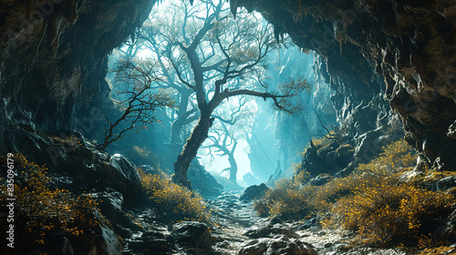 Wilderness Landscape Of Scenic View of Forest Trees From Inside Of A Dark Cave Background