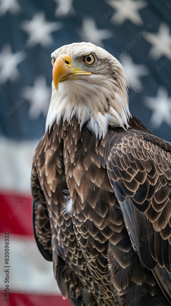 A majestic bald eagle perched in front of an American flag, symbolizing freedom and patriotism. A majestic bald eagle perched in front of an American flag, symbolizing freedom and patriotism.